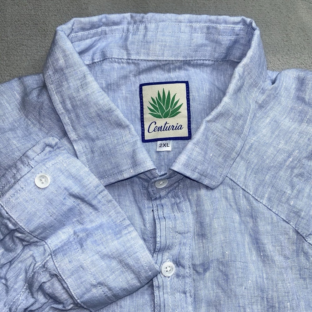 Centuria 100% Linen Shirt Mens 2XL Blue Button Front Long Sleeve